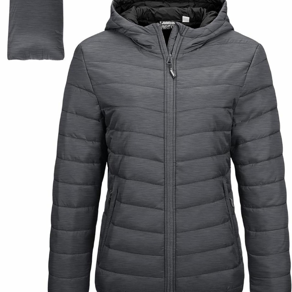 Outdoor Ventures Womens Packable Lightweight Puffer Jacket Hooded Gray Medium NW